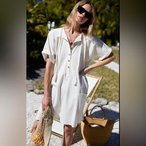 NWT Emerson Fry Baja Caftan Organic Cotton One Size Ivory Pockets Tassels